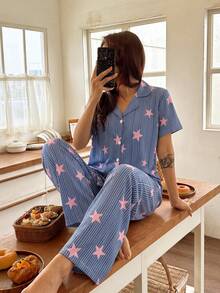 Bonmuse Plus Size Modest Premium Soft Star Striped Print 2 Piece Pajama Set For Women, Collared Button Front Long Sleeve Top & Full Length Pants Breathable Da - Blue - View 9