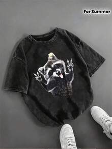 festival outfit mujerVintage Raccoon Face Graphic T-Shirt - Soft Washed Short Sleeve Top with Small Round Neck, Medium-Stretch Summer Casual Tee Suitable for Casual Attire & Layering Pieces - Schwarz - Übersicht 2