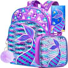 3 Pieces Girls Purple Mermaid Tail Scale Print Reversible Sequin Material Adjustable Straps Cute Style Backpack Set For Back-To-School & Daily Travel - Fish Tail - View 13