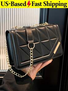 Casual PU Flap Quilted Crossbody Bag For Women Simple Chain Shoulder Bag Square Bag Summer Black Purse For Travel Vacation Daily Use Back To School - 彩色 - 查看 10