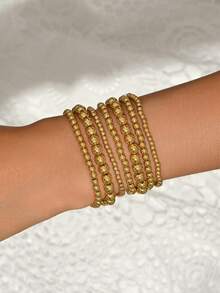 7pcs/Set Bohemian Style Gold Beaded Bracelet Set, Multi-Layer Ball Elastic Bracelets, Women's Minimalist Summer Beach Vacation Jewelry, Y2K Style Wrist Accessories - Gold - View 3