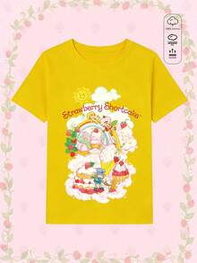 SHEIN X Strawberry Shortcake Women's Solid Color Round Neck Short-Sleeved Loose T-Shirt, 100% Cotton Top, Cartoon Strawberry Women's Strawberry Ice Cream Cake Paradise Letter Slogan Print T-Shirt, Spring And Summer Casual Women's Wear, Verano Mujer, Curve, Vacation, Casual, Office/Home/Outdoor Sports/Retro Style/Simple, Fun Design, All Seasons, Teenagers, Unisex, Couples - Turmeric - View 1