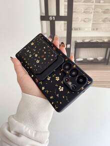 Pure Android Series 1pc Black TPU Vintage Soft Style Brown & Yellow Floral Pattern Card Slot 2-In-1 Card Holder Phone Case, Fashionable Personalized Versatile, Full Coverage Protection Dustproof Waterproof Soft Shell Suitable For Versatile Phone Case/Card Holder Phone Case/Interesting Phone Case/Android Phone Case Compatible With Galaxy/Galaxy S26 S25 S24 - Multicolor - View 4