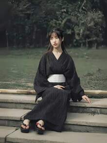 1 pieza Kimono tradicional japonés negro con rayas finas, bata larga, disfraz COSPLAY, accesorio para juego de rol, otoño - Negro - Ver 5