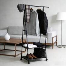 Yi Youyuan Bedroom A-Frame Floor Clothing Rack With Wheels, Movable, Double-Layer Storage + Side Hanging Accessories, Hollow Hanging Rod Storage Rack - White - View 2