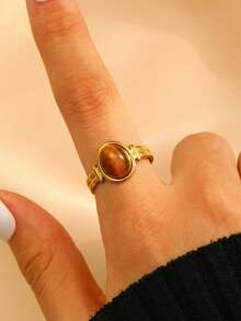 RAYQUEEN 1pc Stainless Steel Oval Stone Design Fashionable Personalized Open Ring Jewelry For Women, Suitable For Daily Wear - Ring - View 3