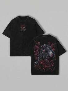 Washed 230g T-Shirt With Diablo Wind Print, Made Of High-Quality Batik Cotton, Retro Fashion Brand, Suitable For Everyday Wear, Outdoor Sports, Holidays, Gifts For Lovers - 白色 - 查看 1