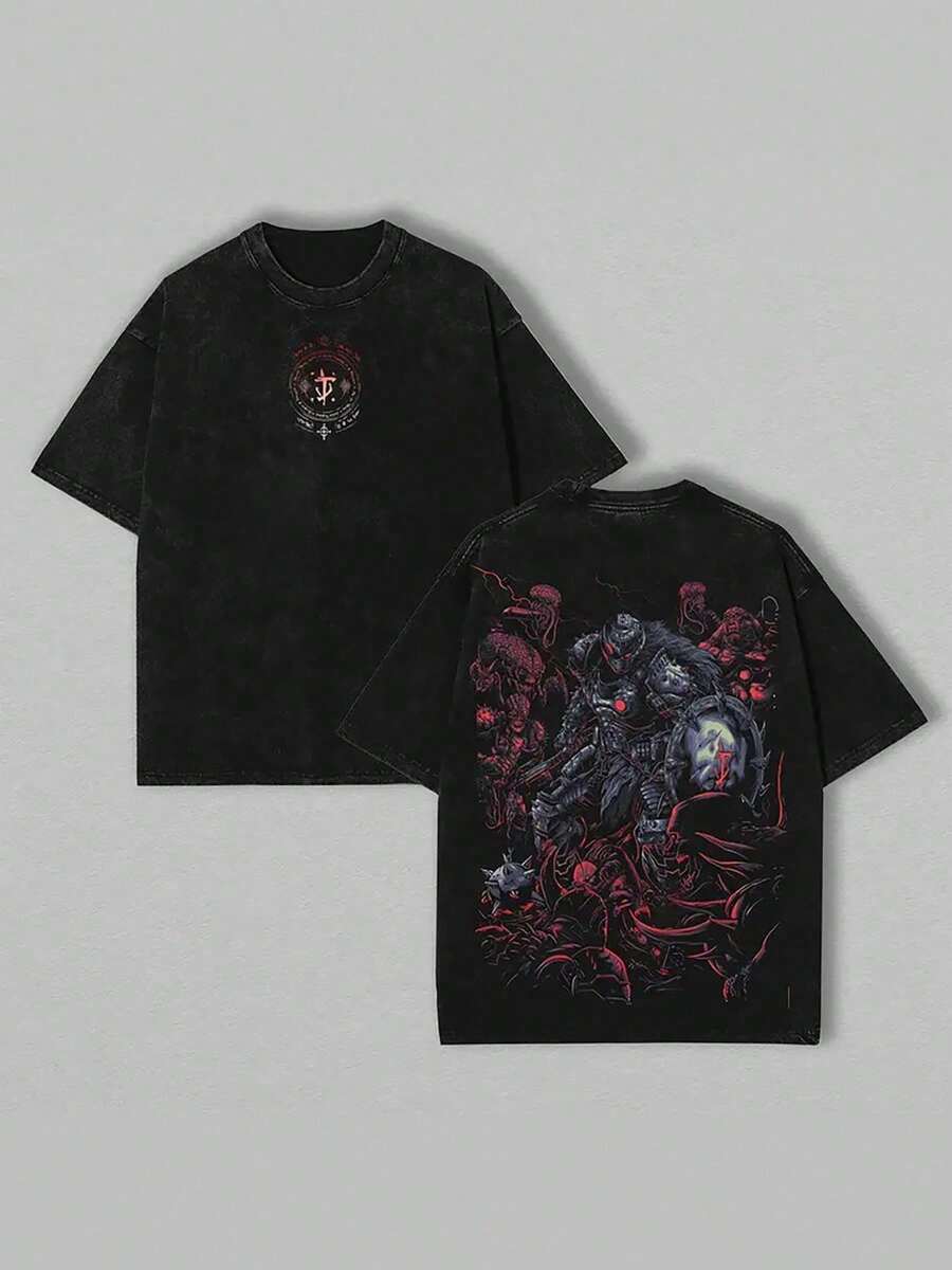 Washed 230g T-Shirt With Diablo Wind Print, Made Of High-Quality Batik Cotton, Retro Fashion Brand, Suitable For Everyday Wear, Outdoor Sports, Holidays, Gifts For Lovers - 白色 - 查看 1