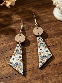 1 Pair Bohemian Vintage Floral Pattern Triangle Wooden Earrings, Painted Print Pastoral Ear Jewelry - Multicolor - View 3