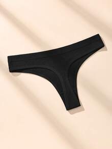 HOTCOM 1pc Black Sexy Solid Color Ribbed Soft Women's Thong Panties Low Waist Pure Cotton Comfortable Skin-Friendly Lingerie - Black - View 5