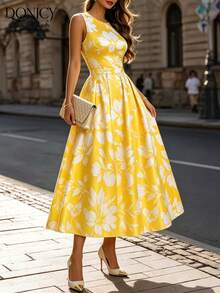 DONICY Women's Yellow Floral Sleeveless A-Line Dress, Casual Round Neck Vacation Wear - Yellow - View 7