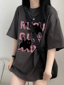 Kaos Wanita Gaya Jepang Model Longgar Kasual Leher Bulat Lengan Pendek dengan Motif Huruf & Kucing Kartun, Serbaguna untuk Musim Semi/Panas - Dark Grey - View 1