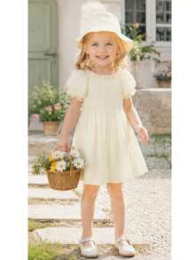 Vestido de niña bebé de unicolor con textura y patrón de volantes, manga abullonada, con sombrero de pescador a juego, adecuado para salidas y vacaciones de verano de 0 a 3 años, de estilo suave y fresco - Albaricoque - Ver 1