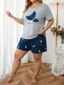 Plus Size Simple Cartoon Print Short Sleeve Top & Star Print Shorts Women's Loungewear 2pcs - Grey - View 3
