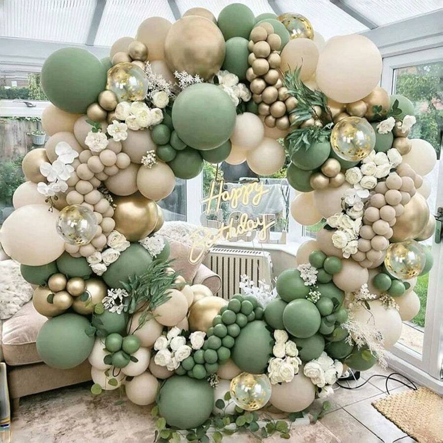 130pcs Sage Green, Sand White And Gold Balloon Arch Garland Set, Neutral Latex Balloon Decoration Set For Bridal Shower, Birthday, Engagement, Anniversary, Christmas Theme Party Backdrop