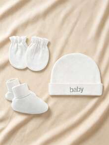 1 Juego De Gorro + Manoplas + Calcetines Para Bebé Recién Nacido, Suave Y Agradable Para La Piel, Combinado - Blanco - Ver 1