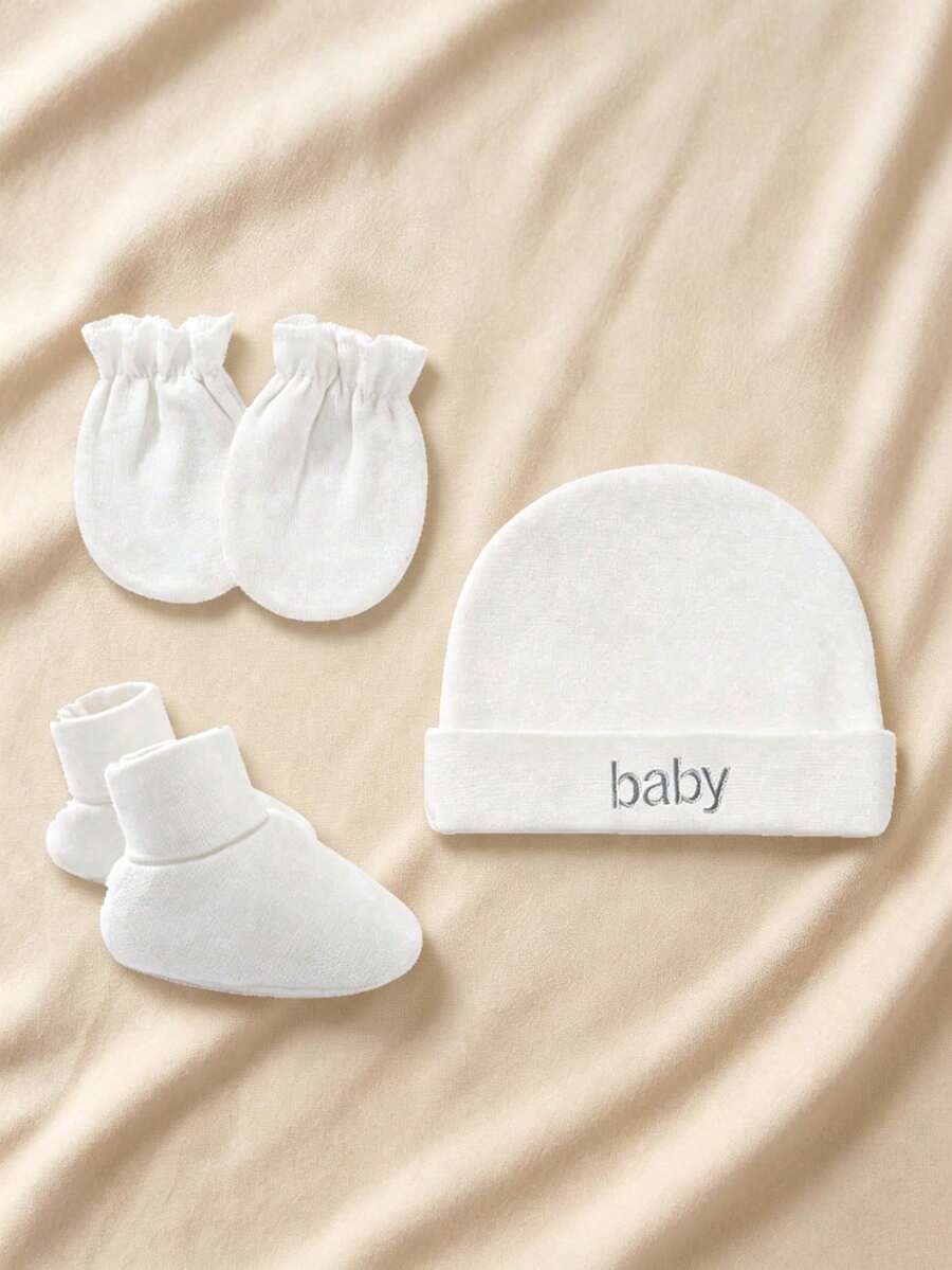 1 Juego De Gorro + Manoplas + Calcetines Para Bebé Recién Nacido, Suave Y Agradable Para La Piel, Combinado - Blanco - Ver 1