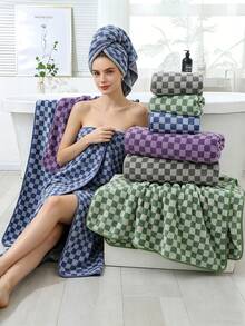 1pc 34cm*74cm/Bath Towel 70cm*140cm/2pcs (34cm*74cm+70cm*140cm) Coral Fleece Checkerboard Pattern Thickened Super Absorbent Non-Shedding Soft Skin-Friendly Hanging Outdoor Fitness Home Face Body Bath Wrap Ideal Bathroom Towel - Purple - View 9