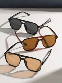 3pcs/1pc Men's Double Bridge Square Rivet Fashion Glasses, Black, Leopard, Tea Color, Suitable For Summer Beach Vacation, Outdoor And Travel Use - Multicolor - View 3