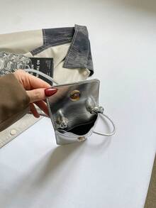 迷你亮面漆皮腋下肩背包，紋理極簡風優雅百搭晚宴包，亮面翻蓋方包，時尚純色女款手機包，可收納手機與零錢，可斜背，適合逛街購物 - 銀色 - 查看 8