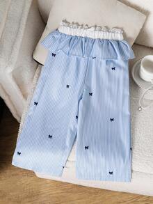 Baby Girl Autumn Color Block Elegant Fashion Blue & White Striped Lace Patchwork Wide Leg Long Pants Casual Vacation Basic Soft Comfortable Spring Pants - Baby Blue - View 2