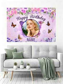 1件可定制姓名和照片的梦幻蝴蝶紫色生日背景，金色闪光花卉图案，个性化姓名和照片设计，适用于生日派对、新娘送礼会、摄影背景、乙烯基横幅 - 蝴蝶紫 - 查看 6