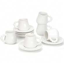 6Pcs 3.4oz Small Porcelain Coffee Cup With Saucer Set - Espresso Cups Pearl Design Handle & Rim Ceramic 100ml Tea Cup Set Deco Gift For Cappuccino Cafe Mocha Tea Dishwasher & Microwave Compatible - White - View 4