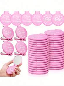 12pcs/6pcs/2pcs Pink Inspirational Compact Mirror Set - Round Makeup Mirror With White Pouch, Women's Small Gift, Graduation, Mother's Day, Party Favor, Pink Small Portable Folding Pocket Mirror, Suitable For Women, Party Gift, Women's Birthday, Bridal Gift, Cheerleader Gift Bag And Other Occasions - Multicolor - View 2
