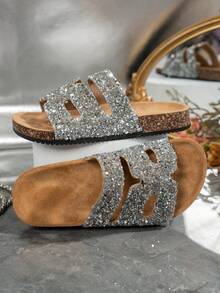 Pantuflas de plataforma de corcho con strass y punta abierta para mujer - Plateado - Ver 6