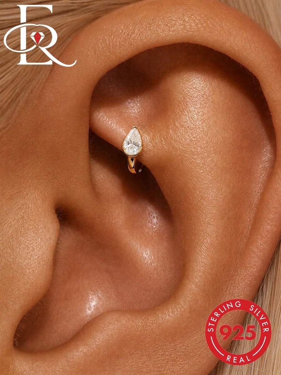 EleRunis 1pc 925 Sterling Silver Classic Cubic Zirconia Cartilage Ear Cuff, 18K Gold Plated Helix Earring, Women's Upper Ear Cartilage Stud, Suitable For Daily Wear And Parties