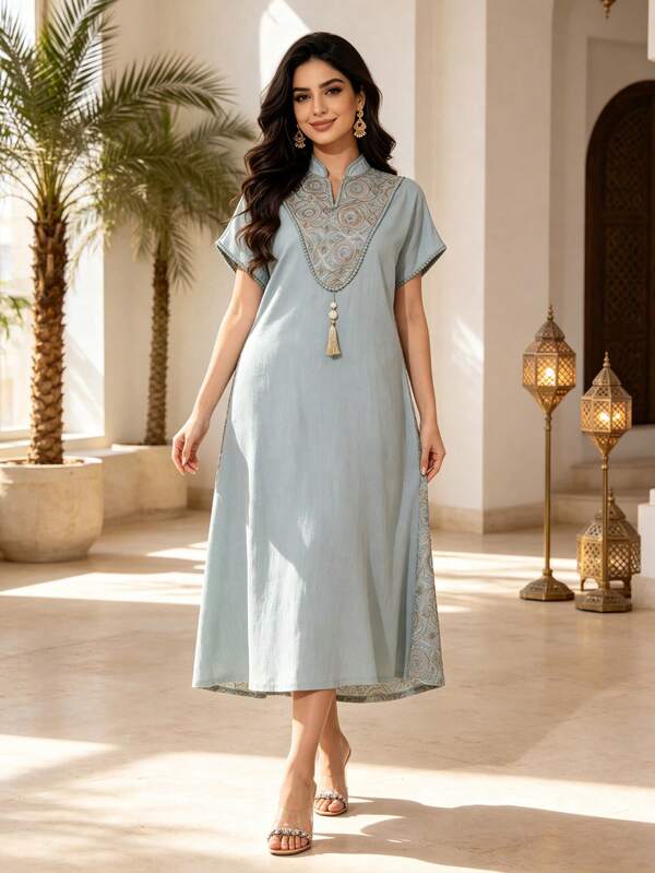 Elegant Embroidered Beaded Dress, Colorful Arabic Women's Clothing, Soft And Fashionable Summer Dress, Traditional Eid Al-Adha Outfit