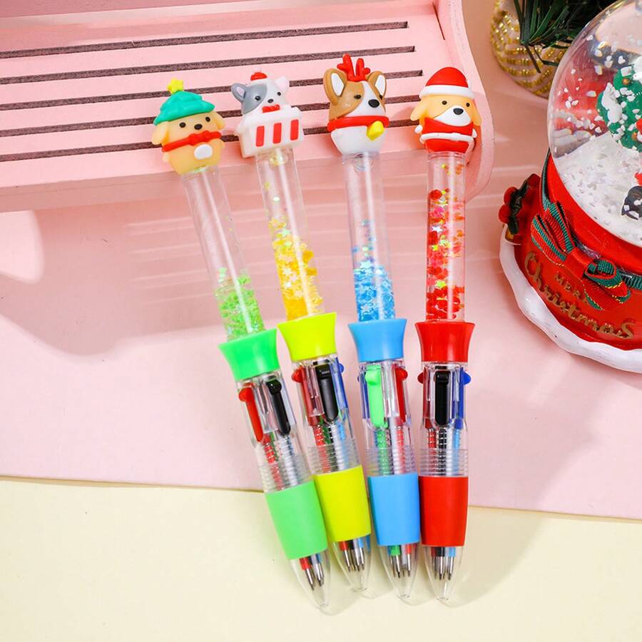 6pcs Cute Christmas Mini Liquid Glitter 4 Color Retractable Ballpoint Pen Cute Reindeer Santa Design 4 In 1 Multicolor Smooth Writing For Teens Gift Reward Back To School Supplies School Prize Student Journaling Stationery - 動物聖誕流沙四色筆 - 查看 1