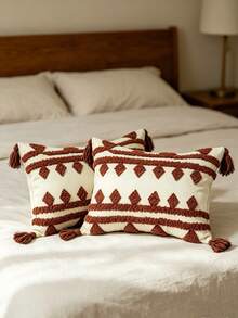 1pc/2pcs,Bohemian Tufted Geometric Throw Pillow Cover, White With Brown Diamond Pattern, Tassel Detail, Decorative Cushion Case For Sofa Couch Bed Living Room, Farmhouse Boho Home Decor,18x18in/12x20in, - Multicolor - View 4