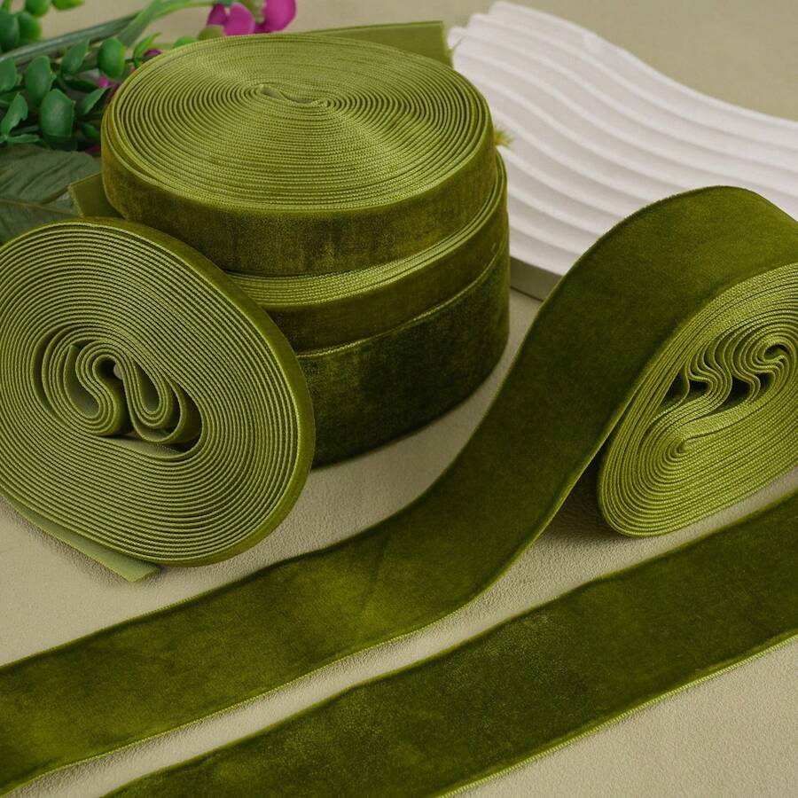 1 Roll 2 Yards Multi-Size Single-Sided Non-Stretch Olive Green Flocked Ribbon, Flocked Satin Ribbon, Flocked Ribbon, Bows, Handmade DIY Clothing Accessories (Excluding Paper Spool, Length Is Measured By Hand And May Have Deviations) - Olive Green - View 1