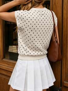 Yuwenier Top en tricot sans manches à pois blanc et noir, col ras-du-cou, manches courtes, coupe slim, style vintage français décontracté, gilet pull pour tenues quotidiennes d'été - Blanc - Voir 7