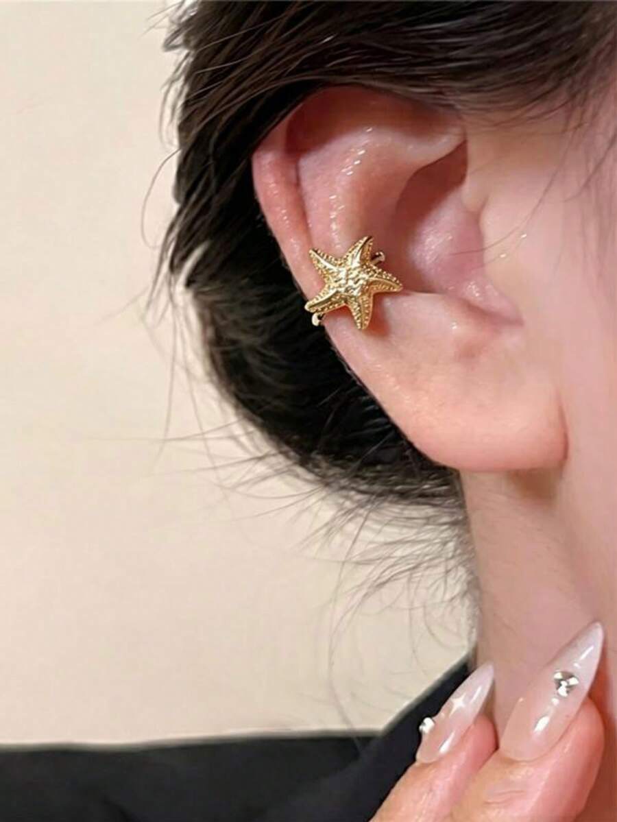 1件裝水鑽海星耳夾，免穿耳洞，時尚極簡休閒夏季百搭女款飾品，適合日常穿戴、派對、約會、旅行、海灘與海邊