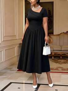 Women's Elegant Asymmetric Collar Fold Decor Short Sleeve Waist Flared A-Line Dress, Suitable For Dates, Work, And Commuting - Black - View 4