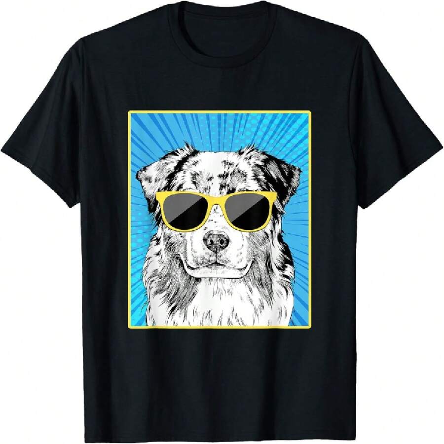 Australian Shepherd Portrait Pop Art Aussie Dog Sunglasses T-Shirt For Men Women Kids - Black - View 1