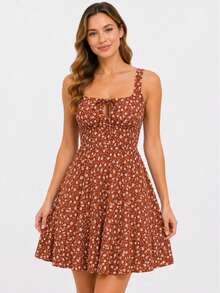 Women's Short Floral Dress With Wide Straps, Fitted Waist, Lightweight, Casual - 棕色磁磚 - 查看 5