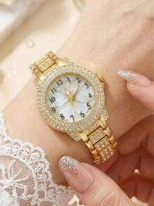 4PCS/Set Fashion Women's Watch, Elegant Luxury Rhinestone Floral Dial Quartz Watch With Rhinestone Necklace, Earrings, Ring, Suitable For Daily Wear, Holiday Parties, Weddings, Christmas And Other Occasions, Gift For Girlfriend - Multicolor - View 4