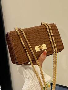 Mini Crocodile Embossed Shoulder Bag For Women Casual Gold Chain Square Crossbody Bag Classic Summer Red Purse For Travel Work Back To School Outfits - Multicolor - View 10
