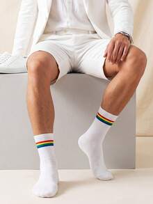 2/4 Pairs Unisex Classic Rainbow Striped Breathable Soft Mid-Calf Socks, Casual Sports Versatile, Suitable For Gifts, All Season - Multicolor - View 3