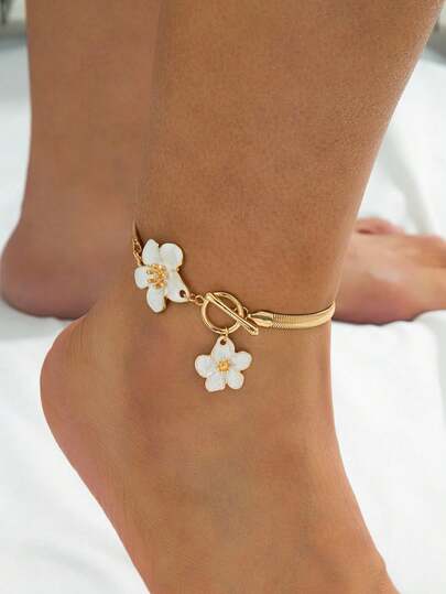 1pc Vintage Beach Vacation Style Design Faux Snakeskin Chain Handmade Oil Drop Gentle White Plumeria Pendant Anklet For Women