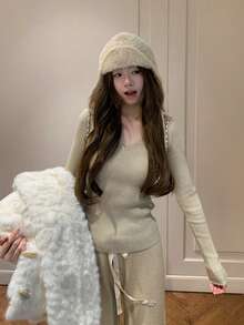 Women's V-Neck Ribbed Solid Color Long Sleeve Sweater - Oatmeal - View 5