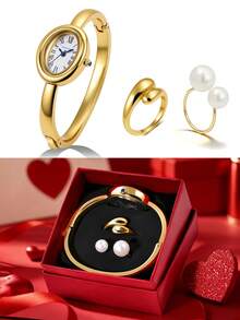 LUCKYFOX 1pc Boxed Ins Style Premium Women's Watch Gift Set, Gold Round Dial Wristwatch + Pearl Bracelet & Stud Earrings Jewelry Set, Suitable For Daily Wear, Holiday Gifts, Halloween, Christmas, Valentine's Day - Gold - View 6