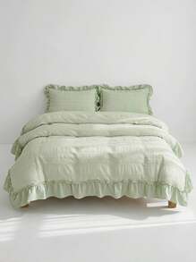 Veyra Day 2/3 Pcs Princess Style Bedding Set 100% Polyester 3D Cut Flower Ruffle Duvet Cover No Insert All Season Modern Ruffled Duvet Cover With 1/2 Pillowcases - Green - View 9