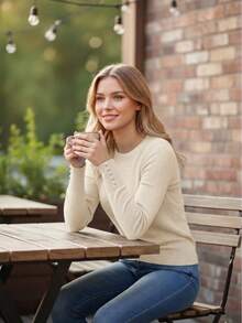 Basic Knit Sweater Blouse With Pearls, Modal Fiber, Nighttime - Straw - View 2