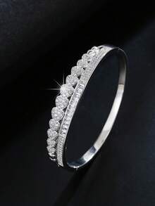 1pc Elegant Exquisite Double Row Patchwork Heart Full Zirconia Inlaid Design Bracelet For Women, Asymmetrical Inlaid Anniversary Confession Party Gathering Exquisite Jewelry - Bracelet - View 2