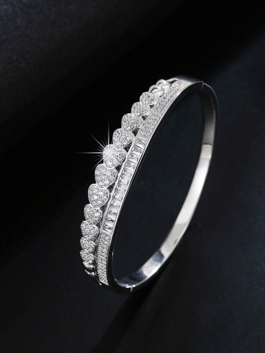 1pc Elegant Exquisite Double Row Patchwork Heart Full Zirconia Inlaid Design Bracelet For Women, Asymmetrical Inlaid Anniversary Confession Party Gathering Exquisite Jewelry