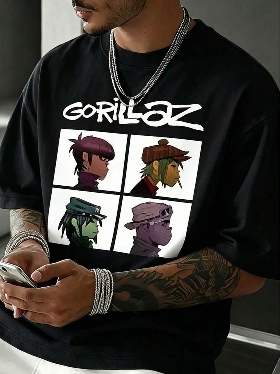Unisex Plus Size Gorillazs Punk Rock Band Graphic T-Shirt, Retro 90s Basic Crew Neck Short Sleeve Tee, Casual Sporty Top For Valentine Daily Outfits - 黑色 - 查看 1